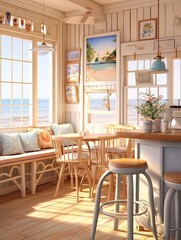 Fototapeta premium Quaint Teashop Interiors: Coastal Teashop Interior with a Serene Beach Scene