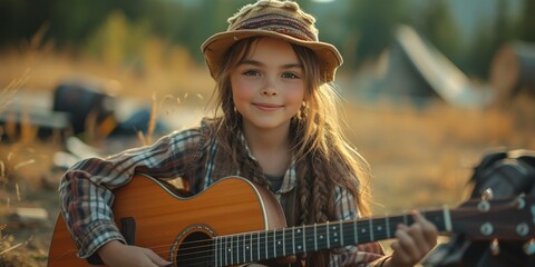 Portrait of a young girl playing guitar outdoors, surrounded by nature, showing off her musical talent and beauty. - obrazy, fototapety, plakaty