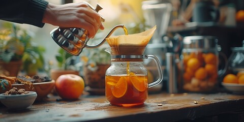A woman prepares a refreshing homemade citrus tea by pouring boiling water over fresh oranges for a...