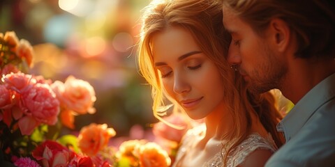 The bride and groom kiss romantically outdoors, surrounded by the beauty of nature on their wedding day.