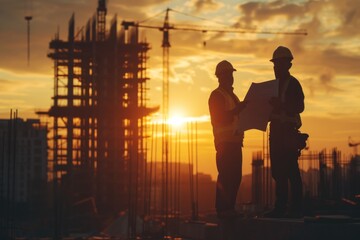 Fototapeta premium A silhouette of male architects and engineers Looking at the blueprint Planning and reviewing blueprints while standing and talking on a construction site in the evening light of sunset.