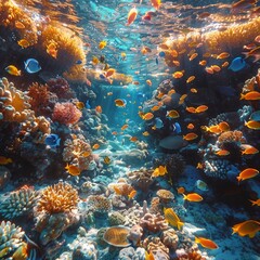 Fototapeta na wymiar Underwater World of Coral Reef Life teeming with Colorful Fishes amidst the Intricate Beauty of Coral Formations showcasing the Diversity Vibrancy of Marine Life created with Generative AI Technology