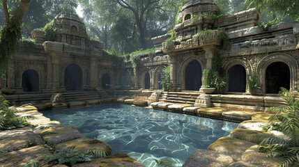 An ancient, sacred temple, partially submerged and reclaimed by nature, reflects in a serene pool amidst a forested area.