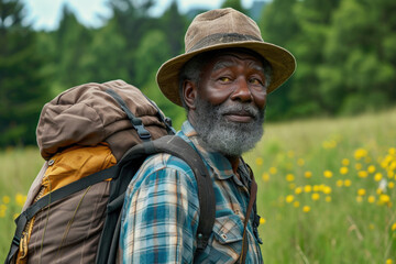 Man wearing hat and carrying backpack is standing in field. This image can be used to depict outdoor adventures or travel
