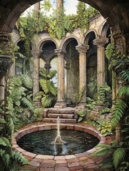 Fototapeta na wymiar Renaissance Garden Fountains: National Park Art Print Featuring Historic Garden Fountain