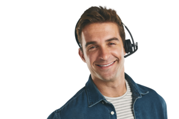 Man, portrait and headset for call center customer support for communication, assistance or helping. Male person, face and telemarketing or isolated transparent png background, consulting or advisor