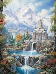 Renaissance Garden Fountains Snow-Capped Mountain Print: Majestic Fountain with Mountain Backdrop