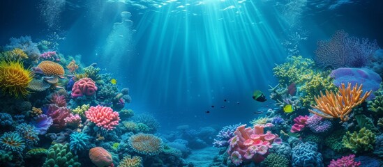Vibrant underwater scene with colorful corals, exotic tropical fish, and marine life