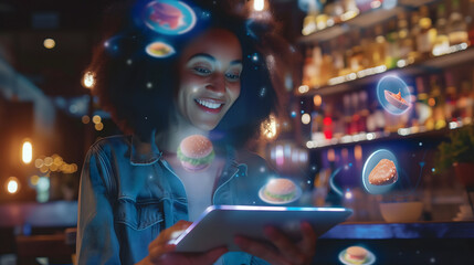 A close-up of a happy and smiling black woman is holding and looking at a tablet with virtual hologram graphic icons of foods above, with a blurred restaurant at night background.