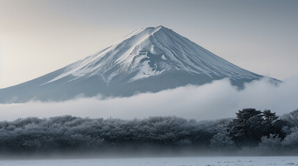 Fototapeta premium Picturesque view of snow-covered mountain with beautiful trees in foreground. Perfect for nature enthusiasts and winter-themed projects
