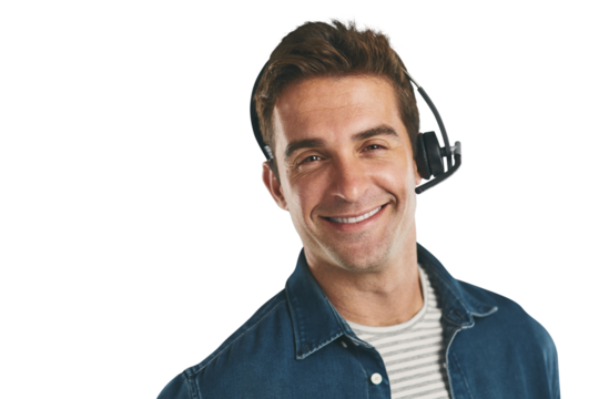 Man, portrait and headset for call center customer support for communication, assistance or helping. Male person, face and telemarketing or isolated transparent png background, consulting or advisor