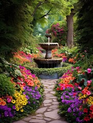 Fototapeta na wymiar Vibrant Renaissance Garden Fountains: A Colorful Landscape with Lively Fountain Gardens.