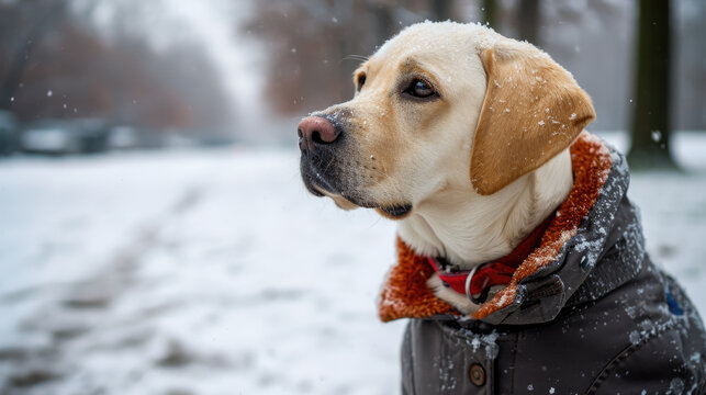 Dog is pictured wearing jacket in snow. This image can be used to showcase winter pet fashion or to depict cute and cozy winter scene