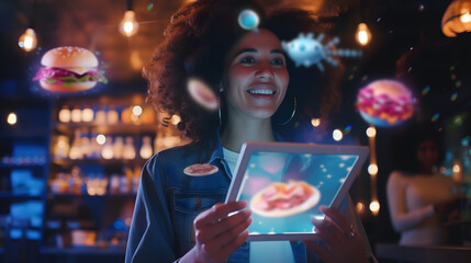 A close-up of a happy and smiling black woman is holding and looking at a tablet with virtual hologram graphic icons of hamburgers above, with a blurred restaurant at night background. - obrazy, fototapety, plakaty