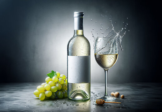 A bottle of white wine glass and grapes