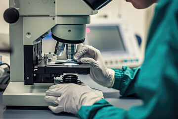 Person in lab coat carefully observing sample through microscope. This image can be used to depict scientific research, laboratory work, or education