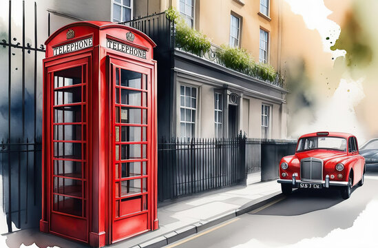 Beautiful watercolor illustration of red London telephone boxes in London, UK.