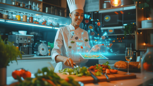 A close-up of a happy and smiling woman wearing a chef uniform is preparing a meal and holding a tablet with virtual hologram graphic icons of ingredients above, with a blurred kitchen background.