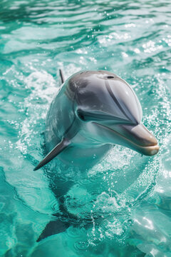 Picture of dolphin in water with its mouth open. Can be used to depict marine life or as representation of freedom and joy
