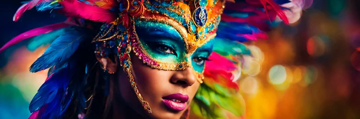 Papier Peint photo autocollant Carnaval portrait of a woman in a mask at the Brazilian carnival. Selective focus.