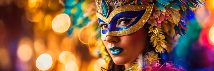 Photo sur Plexiglas Carnaval portrait of a woman in a mask at the Brazilian carnival. Selective focus.