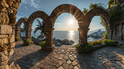 Sun is setting over ocean, creating beautiful view through archway. This image can be used to depict natural beauty and tranquility