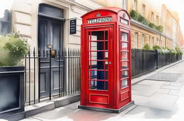Beautiful watercolor illustration of red London telephone boxes in London, UK.