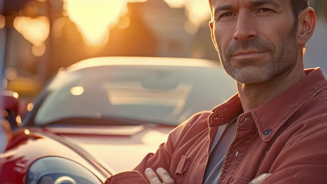 A man in his mid 40s standing in front of a fancy sports car a symbol of his attempt to recapture his youth, male Standing in Front of Red Car