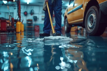 A car mechanic cleaning the garage floor at the auto industry shop workshop Use a mop to clean water from the epoxy floor