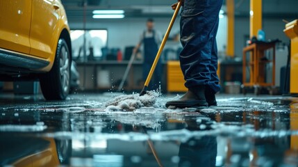 A car mechanic cleaning the garage floor at the auto industry shop workshop Use a mop to clean water from the epoxy floor