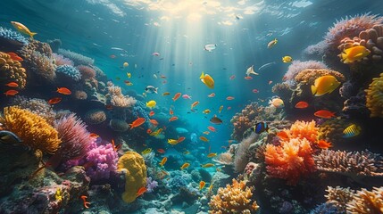 Fototapeta na wymiar Underwater World of Coral Reef Life teeming with Colorful Fishes amidst the Intricate Beauty of Coral Formations showcasing the Diversity Vibrancy of Marine Life created with Generative AI Technology