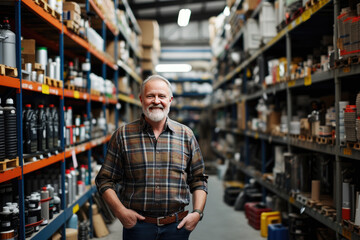 Smiling Caucasian middle-aged man in hardware warehouse, standing with hands in trouser pockets, surrounded by various hardware items