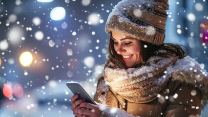 Woman is seen looking at her cell phone in snowy outdoors. This image can be used to depict modern technology usage in winter settings