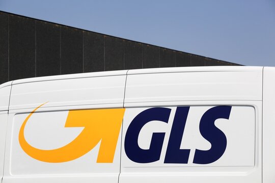 Kolding, Denmark - August 16, 2020: GLS logo on a vehicle. General Logistics Systems is a Dutch British owned logistics company based in Amsterdam and founded in 1999	