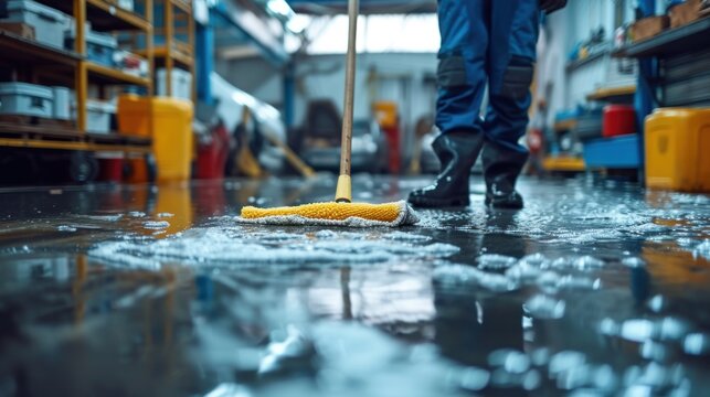 A car mechanic cleaning the garage floor at the auto industry shop workshop Use a mop to clean water from the epoxy floor