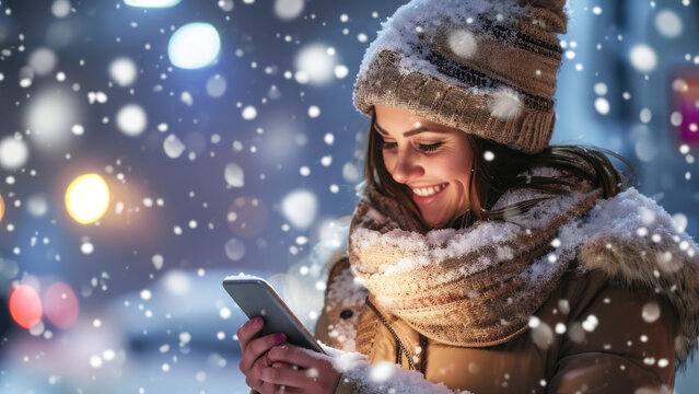 Woman is seen looking at her cell phone in snowy outdoors. This image can be used to depict modern technology usage in winter settings