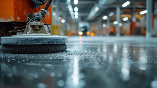 Close-up of a concrete surface polisher before applying epoxy or polyurethane and epoxy floors using a high-speed floor polisher or surface cleaning machine in a factory..​