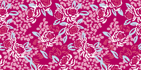 Bright seamless pattern summer blossoms meadow on a pink background. Vector hand drawn sketch brush floral. Creative abstract roses, ditsy flowers, leaves printing. Design template, fabric, collage