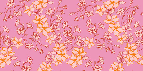 Blooming abstract artistic branches wild flowers seamless pattern. Vector hand drawn. Monotone pink stylized floral stems background. Collage template for printing, patterned, textile, fabric