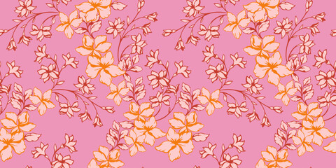 Blooming abstract artistic branches wild flowers seamless pattern. Vector hand drawn. Monotone pink stylized floral stems background. Collage template for printing, patterned, textile, fabric