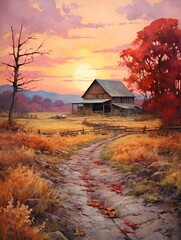 Rustic Barns in Fall Foliage: Twilight's Evening Farm Scene