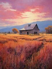 Rustic Barns in Fall Foliage: Twilight Landscape with Barn under Pink Fall Skies