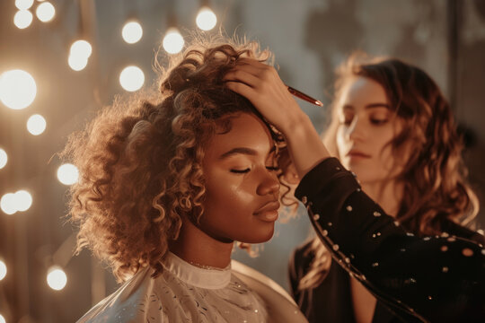 Woman is getting her hair done by professional hair stylist. This image can be used to showcase hairstyling services or as representation of self-care and beauty treatments