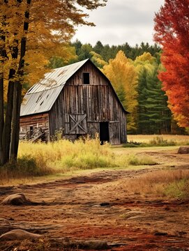 Rustic Barns in Fall Foliage: Captivating Autumn Countryside Charm Wall Art