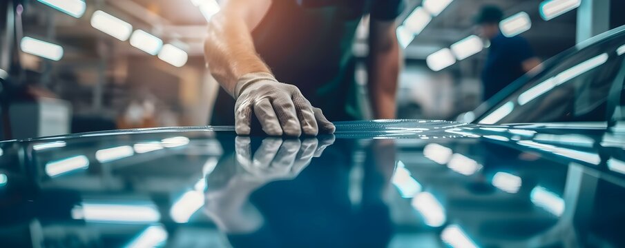 Skilled auto mechanic applying protective film on a cars surface in workshop. Concept Auto Maintenance, Protective Film Application, Car Workshop, Skilled Mechanic, Automotive Surface Protection