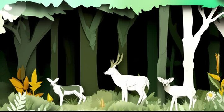 Paper cut for world water day under the forest. Save the forest paper cut with deer and trees on a wooded background. Environmental care and nature protection