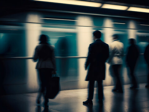 A blurred image of people walking in a busy subway station