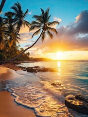 Golden Hour Radiance: Turquoise Caribbean Shorelines Embraced in Beach's Golden Splendor