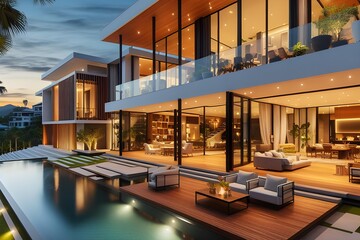 Fototapeta premium Beautiful luxury modern beach home with backyard swimming pool.