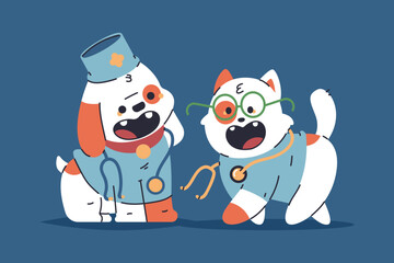 Cute kitten and puppy veterinarian doctor vector cartoon characters illustration isolated on background.